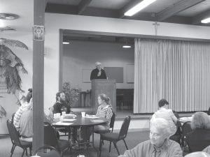 After enjoying delicious fish cakes at the Cook County Historical Society fish cake dinner, attendees enjoyed a talk by Professor Phillip Anderson about early Cook County resident Olli Skratthult. Diners also enjoyed a lively Cook County trivia competition.