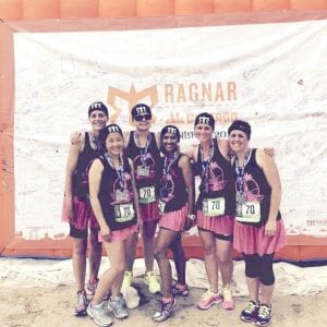 With 200 miles of legwork behind them, the team of “Rockin’ the Ultra” poses for a picture at the Ragnar Relay finish wall. Each person ran between 30 to 38 miles in the relay that ran from Madison to Chicago. The women are, l-r: Megan Nielsen, Jeanne Monson, Jennifer Spry, Sasha Narayan, Pamela Erickson, and Carrie Wilson.