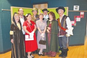 The sometimes-confused players in Ken Ludwig’s Moon Over Buffalo are (L-R) Jan Healy, Kevin Kager, Sarah Stover, Braidy Powers, Saraphine Metis, Tom Christianson, Marcia Hyatt, Bob Carter. The hilarious farce runs in repertory with the musical comedy I Love You, You’re Perfect, Now Change.