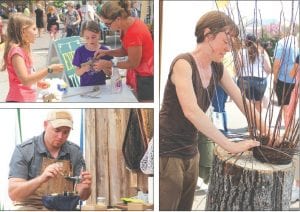 Above left: Jesse Gerhard of Robbinsdale, Minnesota tied flies with beautiful woodwork in his American Craftsmen booth. Above: Before an appreciative audience, Emily Derke of Duluth took simple branches and created beautiful baskets. Left: These young ladies were among the community members and visitors who joined forces in Harbor Park to present the story of Grand Marais in a PlaceBase Production on Saturday. The girls were the lighthouse keepers.