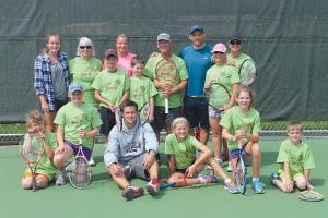 Some of the local tennis players who enjoyed three days of instruction recently. (L-R, front) Paavo Rova, Ella Sporn, instructor Josh, Hazel Oberholtzer, Anna Heeren, Andy Jorgenson. (L-R, standing) Instructor Laura, Frances Harding, Cy Oberholtzer, Instructor Cassie, Weston Heeren, Jim Pattison, Instructor Scott, Deb Rosnow, Mary Glasnapp.