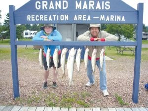 This nice limit of lake trout, including one weighing 10 pounds, was caught by John Lamb and his son Cody from Wisconsin Rapids, Wisconsin. They were fishing July 12 with Captain Jerry Skarupa aboard the charter boat Secret Lures.