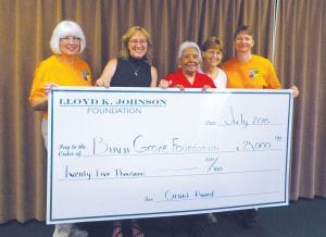 The Birch Grove Foundation, under the guidance of Executive Director Caroline Wood, has seen a great year of fundraising. The latest contribution to the foundation, which manages the Birch Grove Community Center building and programming, was from the Lloyd K. Johnson Foundation. On July 23, Birch Grove representatives accepted the “Big Check.” (L-R) Elizabeth Peterson, Joan Gardner-Goodno of Lloyd K. Johnson Foundation, Ginny Cooley, Barb Merritt, Birch Grove Director Caroline Wood.