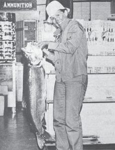 This trophy-size lake trout, weighing 29½ pounds, was Patti Nelson&rsquo;s reward following a fishing trip she and her husband George made to Isle Royale on July 11, 1980. When registered at Midway Station in Grand Marais, the lunker measured 40 inches and had a 25- inch girth. Patti said it took 35 minutes of hard work to land the trout, one of a number the Lutsen Resort couple caught that day.
