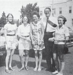 Shown in this photo published Oct. 8, 1970 are Congressman Clark MacGregor, who posed in front of the East Bay Hotel with, from left, daughters Susan and Laurie, Mrs. MacGregor, and Dottie Griffith of Lutsen. The photo was taken during Fisherman’s Picnic, when the MacGregors were in Grand Marais to participate in the parade. Mrs. Griffith was baby sitter and part-time office worker for four years. MacGregor opposed Vice President Hubert Humphrey for the U.S. Senate seat in the Nov. 3 election, and returned to Cook County in the fall to do some campaigning, as did Congressman John Blatnik.