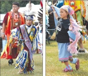 Left: Dancers of all ages spend time in the Pow-Wow circle, like this young fancy dancer. Middle: This young lady combined her Pow-Wow regalia with the T-shirt she earned in the Rendezvous Days Run-Walk. Right: An elder brave is followed by women in beautiful jingle dresses.