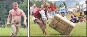 Good-natured contests take place throughout the Rendezvous. Upper left: Rugged Voyageur Contest winner Shawn Phillips of Minneapolis completed the course in 1.17 minutes. Above: Young Jack gave it his all in the competition. Left: Little Nissa gave fire starting a try—with a little help from her friends.