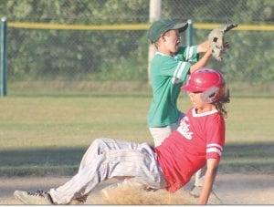 Sliding hard into second, Keewatin Pierre was safe as an expressive Tate Crawford catches the ball during the Little League championship game.