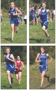 Upper left: Isabel Schottenbauer placed first in the girls' junior high race at the Viking Classic cross country meet at Pincushion Mountain on September 3. Upper middle: Henry DeArruda Weaver sprints to the finish. Above: Thatcher Sunday, Sam Libby and Will Surbaugh, just a step behind, all had great races at the Viking Challenge. Far left: Andy Kern battles a Duluth East runner. Left: Matea Acero leads the Viking girls in the varsity race.