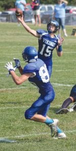 On this play Viking QB Leo Johnson (No. 15) rifled a pass to a wide-open Andrew Lashinski. Lashinski caught two balls for two touchdowns against Mesabi Academy.