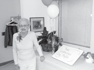 Above: Phyllis Noyce, our only centenarian, was honored with a cake and social with family and friends on Sept. 22— National Centenarian Day. This day is set aside to honor those 100 years or older. Congratulations Phyllis! Left: The residents, staff, and community celebrated Kay Rosenthal’s retirement with cake and ice cream. Good Luck Kay in your new adventures.