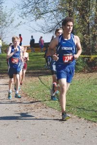 Above: David Blackburn (774) and Caleb Phillips (787) were the top two Viking runners in the sophomore race at the Milaca Mega Meet.