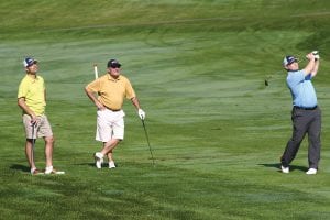 Above: One of the 19 teams that played in the tournament, and playing the best ball, these three combined to shoot a birdie on this hole.