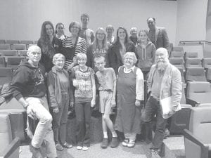 The talented cast and crew of As You Like It! (L-R, front) Mark Abrahamson, Jan Healy, Robin Henrikson, Sam Kern, Tina Kraus, Kurt Anderson. (L-R, second row) Santina McMillan, Erica Marxen, Beth Faraone (stage manager), Finn Garry, Shae Morowitz, Linnea Henrikson, Aurora Schelmeske, Emma Bradley (costumer), Amelia Roth, Marco Good (director).