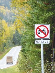 The Cook County ATV Road Ordinance was modified to allow Class 1 all-terrain vehicles (ATVs) on two additional sections of the Gunflint Trail on July 28, 2015. Signs warning motorists of possible ATV traffic and cautioning ATVers where they can and cannot ride went up in the last few weeks. The county board heard complaints this week that there are too many signs on the Gunflint Trail, a scenic byway.