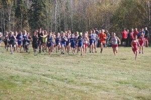 Top: Junior high runners took off strong in the recent meet at Pincushion Mountain. Left: Matea Acero sprinted hard to catch this South Ridge runner at the Polar Conference meet. Acero finished 7th to make All Conference. Middle: Giving it her all, Maya McHugh finished her 5K race in 23:16. Right: Powering to the finish, a happy Isak Terrill placed 27th in the JV race.