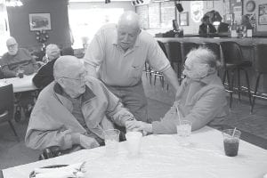 A visit to American Legion Post 413 by the men and women at the Silver Bay Veterans’ Home has become a fall tradition. Veterans enjoy lunch and catching up with friends and family. Veteran Larry Peterson (left) visits with his wife Margaret and Legion member Mike Backlund. The Post 413 Legion Auxiliary helped serve lunch and also enjoyed seeing the vets.