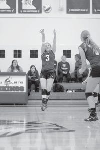 Left: Hannah Toftey (3) received the serve and set the ball skyward with Meredith Sutton ready to bump it to the front line. Above: Emily Jacobsen didn’t take kindly to this ball invading Viking territory, spanking it hard across the net for a Viking point.