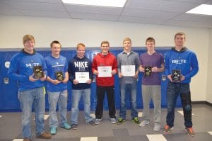 Area football coaches recently acknowledged the fine play of seven seniors on the Vikings’ 7-4 football team this season. Receiving All-Conference honors were (L-R): Jack Wieben, Frankie Miller, Dylan Works, Rory Bakke, Leo Johnson, Owen Anderson and Andrew Lashinski.