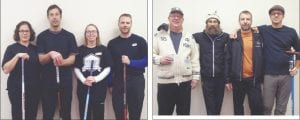 Above left: Winning the “B” Event was a St. Paul Curling Club team. Julie Smith, Eric Schultz, Tracy Lindgren, Tim Gartner. Above right: The Scott Scheirbeck team of Scheirbeck, Jed Lahti, Andy Skildum and Mike Gorichs were the “B” Event runners-up.