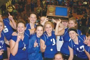 Congratulations, Vikings! Moments after wrapping up the Section 7A championship match against the Carlton Bulldogs at Duluth Denfeld on Saturday, November 7, the Vikings joyfully rushed out to get their winners' plaque. Jubilant team members caught on camera are (L - R, front) Emily Jacobsen, Manager Bethany Derscheid, Hannah Toftey, Jordyn Deschampe (holding the trophy), Shauna Blake. (L-R, back) Linden Sutton, Alex Slanga and Sara Carman. Read about the exciting Section game on page B7.