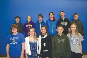 Junior high students participating in Knowledge Bowl are (L-R, front) Ashleigh Precord, Malin Anderson, Louise Ramberg, John VanderHeiden, Emma Gesch. (L-R, back) Kestrel Pollock, Adam Dorr, Kevin Viren, Vaughn Swindlehurst, Trent Spry and Adrian Howard-Larsen.