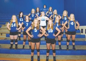 The Viking volleyball team’s perfect season ended at state, but overall they recorded the most wins ever (25) by a Cook County High School volleyball team. (L-R, front) Meredith Sutton, Lily Gruber-Schulz. (L-R, second row) Maddy Roy (14), Linden Sutton (7), Sara Carman, Libero (with the volleyball), Emily Jacobsen (1), Jordyn Deschampe (4). (L-R, third row) Trace McQuatters (11), Sarah Toftey (2), Tarin Hansen (6), Raina Ryden (9). (L-R, back) Alex Slanga (8), Head Coach Pam Taylor, Shauna Blake (12).