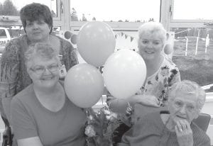 Skip Rouser celebrated her 95th Birthday with family on November 11. (L-R) Lisa Bloomquist, Sharon Bloomquist, Missy Smith, and Skip Rouser.