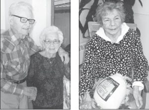 Above left: Friends and family gathered on Sunday, November 11 to celebrate with Gladys and Whitey Dockan on their 65th wedding anniversary. Rod & Caribou provided some wonderful music for the event. Whitey passed away on November 26. Above right: Diane Johnson was the lucky winner of the turkey at the annual Turkey Bingo on November 19.