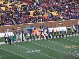 The November 22 Minnesota Vikings versus the Green Bay Packers game at TCF Stadium was an extra-special event. It was the NFL’s inaugural observance of Native American Heritage Month. Twenty-three tribes from Minnesota and Wisconsin were represented in a special pre-game flag ceremony, as well as an impressive halftime demonstration of dancing and drum song.