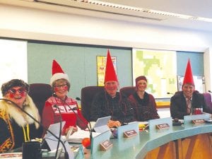 Cook County commissioners take their jobs seriously but on occasion allow for some levity. Just three days before Christmas, commissioners donned apparel fitting the season. The elves or gnomes are (L-R) Jan Sivertson, Ginny Storlie, Garry Gamble, Heidi Doo-Kirk, and Frank Moe.