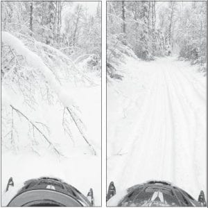 Before and after. On the left is the view local snowmobile and cross country ski clubs were faced with after recent heavy, wet, snows. There is a trail under all that brush. Ice- and snow-coated branches, as well as trees blocked the path. On the right, after some major cleanup is a scenic trail, ready to ride.