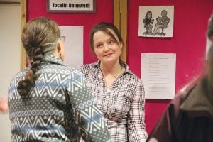 Above: Jocelin Deneweth answers questions about the topic she studied with Bergen Soland—employee selection. Right: Shauna Blake and Matea Acero asked an all-important question, “Is the customer always right?”