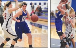 Left: “A little elbow room, please.” Lily Gruber-Schulz (10) had a monster night against Cherry, scoring 24 points and pulling down 14 rebounds. Right: Showing nice jump shooting form, Sophie Eliasen scored two of her six points in the game against Cherry.