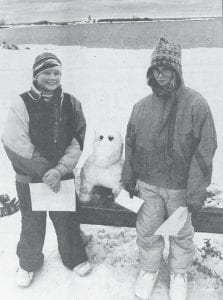 Joelle Anderson and Alison Stone took first place in the Dog Days Snow Sculpture Contest in January 1991. Second went to Abbie Stone and Shannon DuChien. Third place went to Kelsey Kennedy and Kristiana Ringquist. Fourth went to Gina Garvis and Hilja Iverson and Erica Peterson and Sarah Coe were fifth. The contest was part of a weekend-long winter carnival sponsored by the Grand Marais Chamber of Commerce in conjunction with the Beargrease 500 Sled Dog Race.