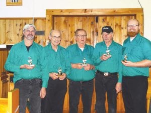 The members of Portage, the popular country band from Grand Portage, were recognized at the Grand Marais Ole Opry on Saturday, January 16. The talented members of the band received unique musical note trophies. (L-R) Joe Peterson, Jim Spry, Butch Deschampe, Arvid Dahl, Jake McCormick.