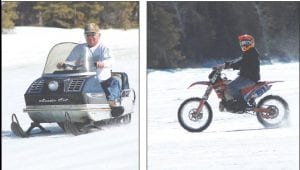 Above left: Butch Schulte of Grand Marais had fun avoiding the ice on his vintage Arctic Cat. Above right: This dirt biker not only didn’t avoid the slush, he reveled in it. A great time was had by all at the Cook County Ridge Riders Snowmobile Club event.