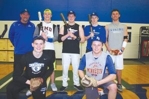 A strong senior class will help lead the Cook County High School baseball team this spring. (L-R, front) Rory Bakke and Frankie Miller. (LR, back) Assistant Coach Bob Baker standing in for his son Jaret Baker, Leo Johnson, Jack Wieben, Owen Anderson, and Andrew Lashinski.