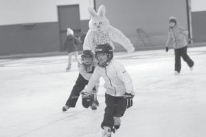 The Community Easter Egg Hunt at the Cook County Community Center on Saturday, March 26 was an active affair, with skating on the ice left behind by the Cook County Curling Club, an outdoor egg hunt and lots of fun games and crafts. The Easter Bunny was the star of the day, racing kids around the arena.