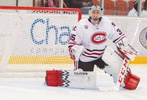 In goal for St. Cloud State, Charlie Lindgren shows his puck-stopping form in the crease.