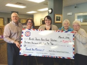 North Shore Federal Credit Union President Mark Summers was delighted to announce the results of the first month of the Credit Union’s “Hunger Heroes” campaign. Summers presented a check totaling $13,054.93 to representatives of food shelves in the credit union’s service area. (L-R) Summers; Michelle with the Two Harbors Area Food Shelf; Stephi with the Silver Bay Area Food Shelf; Jean with the Cook County Area Food Shelf; and Carol Youngberg, NSFCU community outreach coordinator.