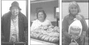 Above left: Doris Blank, the “oldest Elder” at 92 braved the weather for Wisdom Steps and lunch on our last stormy day. Above middle: The fundraiser included a mountain of fry bread! Marlene Allard helped out in the kitchen at the “Spring Fling.” Above right: The Elders and youths worked together at the “Spring Fling” fundraiser. Agatha Armstrong won the cover-all bingo game and took home a whole turkey dinner.