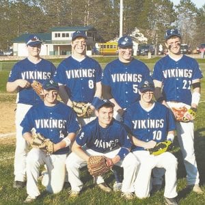 This group of talented seniors will lead the Cook County High School Viking baseball team this season. So far the team is 2-0. (L-R, front) Frankie Miller, Rory Bakke, and Owen Anderson. (L-R:, back) Jaret Baker, Leo Johnson, Jack Wieben, and Andrew Lashinski.