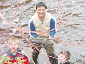 Bruce Zimpel took his son Brent and his grandson Maximus, 7, and Zander, 5, steelhead fishing on Saturday, April 23. It was Zander’s first time on a (secret) river, and the results were nothing short of fabulous. Here is one of the steelhead Brent caught then released. It weighed about 7 pounds, said Bruce.