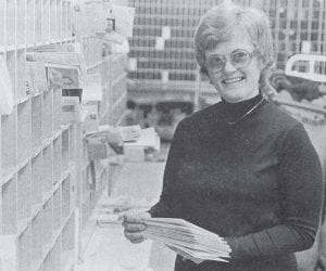 Sandy Everson, a five-year clerk at the Grand Marais post office, was named postmaster in April 1981. She took over on May 1, becoming the first woman postmaster in Grand Marais’ history. Everson succeeded Morrie Quaife, who was postmaster for 25 years and recently retired.