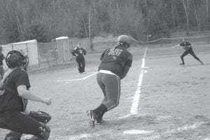 All season long Maranda Deschampe has wielded a big bat for the Vikings. Here she drove the ball down the third base line and reached first on an errant throw against South Ridge. The Vikings lost by one run in a game that was close throughout.