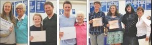 Above far left: Lily Gruber Schulz received scholarships from the Grand Marais Lions and Lioness Clubs. Ann Mershon presented the Lioness award. Above left: CCHS Counselor Kris Hoffman presented the Alworth Scholarship to Madison Roy. Above: Owen Anderson received a number of awards, including the Donald Finn Business Scholarship. After the program, Owen thanked Don’s wife, Vera. Above right: Beth Kennedy presented three Literacy Scholarships to seniors this year. (L-R) Jaret Baker, MaeAnna LaFavor and Holly Johnson.