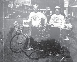 This photo came to us from Ann Possis of Lutsen who received it from a friend in Thunder Bay, Ontario. That friend, Robert Harbron is one of the little ones enjoying a biking holiday in Grand Marais. Harbron said it was sometime in the 1950s. Note the Fort William, Canada shirts, harkening back to the day when Thunder Bay was two neighboring cities—Fort William and Port Arthur. Also, Harbron points out the lack of child restraints!