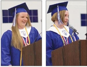 Above left: Valedictorian Madison Roy was all smiles at the podium during her address. Above right: Salutatorian Sara Carman gave sincere thanks to her classmates for the memorable experiences they have shared.