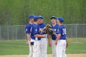 A meeting of the minds: Viking baseball players met at the mound to discuss strategy during a recent home game. The 2016 Vikings played an exciting brand of baseball and nearly qualified for the state tournament. L-R, clockwise: Frankie Miller, Leo Johnson, Rory Bakke, Jaret Baker and Andrew Miller (20).